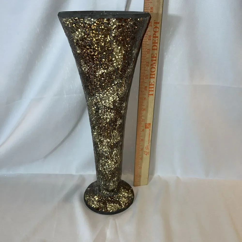 Vintage Tall Mosaic Gold Glass Crackle Vase - Flaw‎